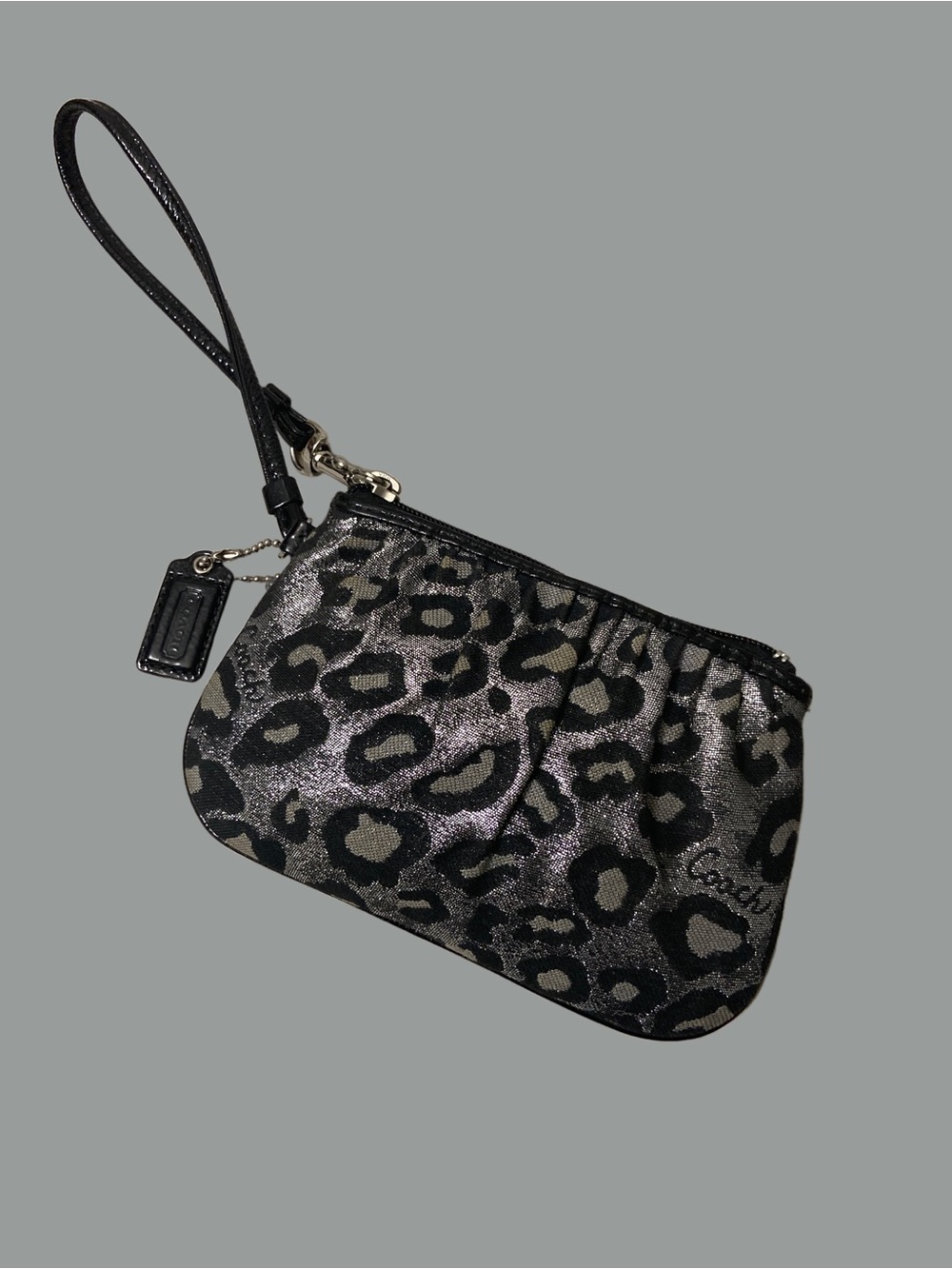 Coach Metallic Leopard Print Wristlet in Black, Gray & Lavender